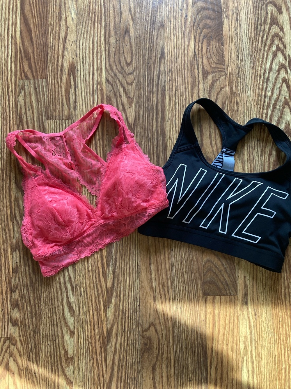 Nike Black Sports Bra with Bold Logo & Coral Lace Bralette